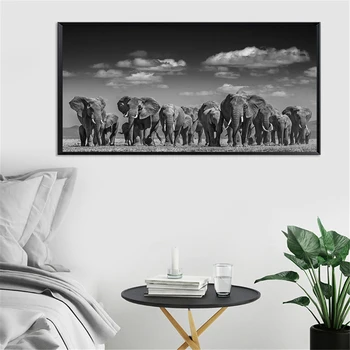 Beli in črni Afriki Sloni Divje Živali Platno Slikarstvo Plakatov in Fotografij Cuadros Wall Art Slike Za dnevno Sobo
