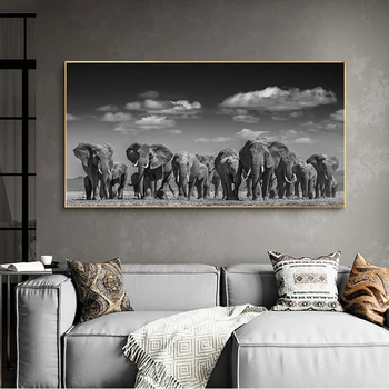 Beli in črni Afriki Sloni Divje Živali Platno Slikarstvo Plakatov in Fotografij Cuadros Wall Art Slike Za dnevno Sobo