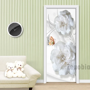 3D Vrata Nalepke Reliefni Beli Cvetovi Dnevna Soba, Spalnica Vrata Ozadje PVC samolepilno Stene Decals je Imitacija Stenske Nalepke