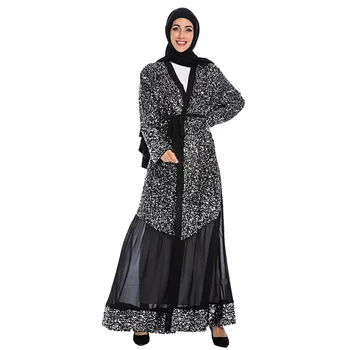 Luksuzni Muslimanskih Sequins Abaya Maxi Obleko Jopico Tunika Kimono Dolgo Haljo Halje Jubah Bližnjem Vzhodu Eid Ramadana Arabsko-Islamska Molitev