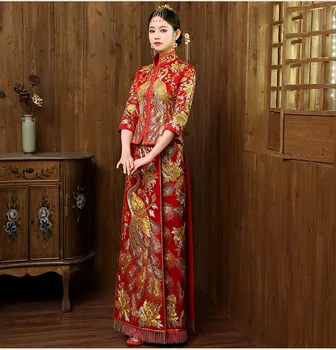 Lepe Suzhou Vezenje Qipao Kitajskih Žensk Poročno Obleko Rdeče Klasičnih Phoenix&Cvet Cheongsam Plemenito Tassel Obleko