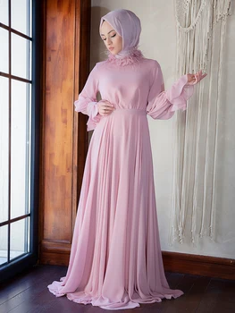 Hidžab Večer Šifon Obleko Tkanine, Podložene Z Rokavi in Ovratnikom Podrobne Pasu Muslimanskih Islamske Arabskem Oblačila Narejena v Turčiji