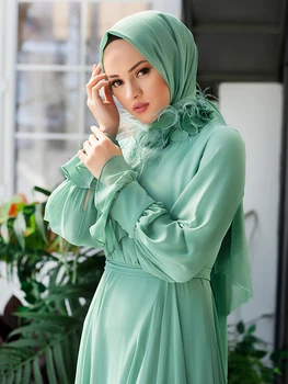 Hidžab Večer Šifon Obleko Tkanine, Podložene Z Rokavi in Ovratnikom Podrobne Pasu Muslimanskih Islamske Arabskem Oblačila Narejena v Turčiji