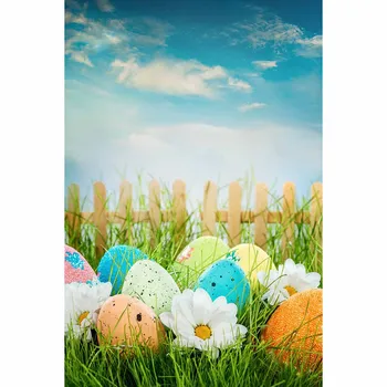 Allenjoy Velikonočna jajca ograjo modro nebo travnik sklada rad studio fotografijo za ozadje za fotografiranje photo booth