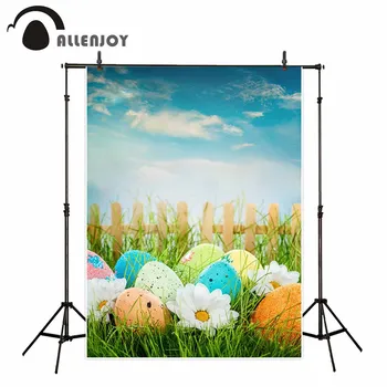 Allenjoy Velikonočna jajca ograjo modro nebo travnik sklada rad studio fotografijo za ozadje za fotografiranje photo booth
