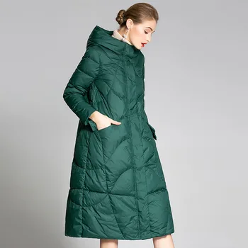 Zimske Ženske zelena debele moda Navzdol plasti Bela Raca Navzdol Hooded Jopiči Dolg Rokav Toplo Parka Prenosni Outwear plus velikost