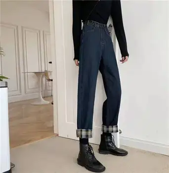 2020 Nove Modne Ženske Jeans, Temno Modra Jesen Retro Svoboden Slim Joker Stright Širok Noge Hlače