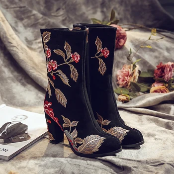 Salu Tovarne na prodajo debele pete pravega usnja Mozaik kratke ženske škornji konicami prstov modni škornji čevelj, čevlji