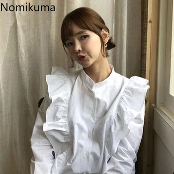 Nomikuma korejski Jeseni Majice Ženske Gube Design Ruffle Mozaik Dolg Rokav Bluzo Ženski Vintage Moda Blusas Mujer 3d459