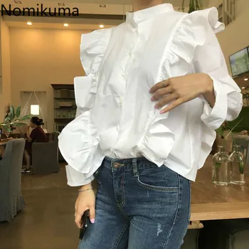 Nomikuma korejski Jeseni Majice Ženske Gube Design Ruffle Mozaik Dolg Rokav Bluzo Ženski Vintage Moda Blusas Mujer 3d459