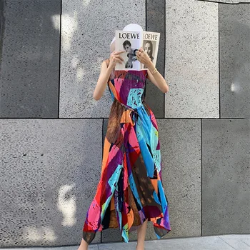 Divje Dolgo Priložnostne 2021 Nova Jesenska Moda Obleko Ženske Hit Barve Geometrijski Vzorec Brez Rokavov Vitek Pas