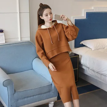 2020 Nove Jesensko Obleko, Ženska Moda, Dva kosa korejski moda Svoboden Hooded Majica Ženske + Krilo Ženske