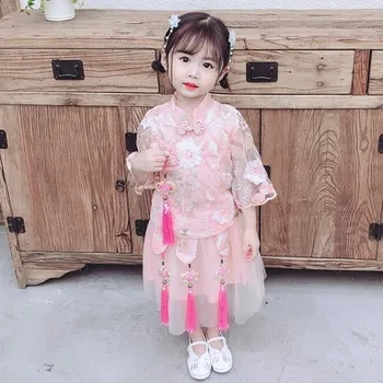 Eksplozije modeli 3-10 let staro dekle otroka vezene Hanfu kratek rokav obleka novi nacionalni slog Tang bo ustrezala retro obesek obleko