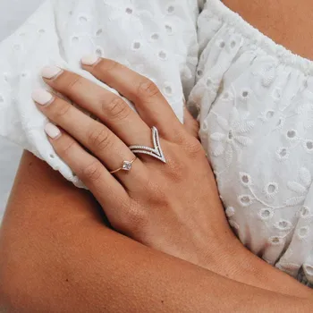 Srebrne barve mikro utrla kubičnih cirkonij dvojno Chevron V obliko ženske prst obroč, nakit, klasično eleganten očarljivo žensko jewelrys