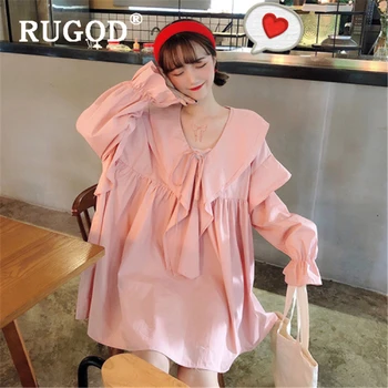 RUGOD korejski elegantna ruffles ženske obleko Elegantno Flare rokav V vratu novo pomlad sweet obleke vestidos 2020 Priložnostne srajco, obleko