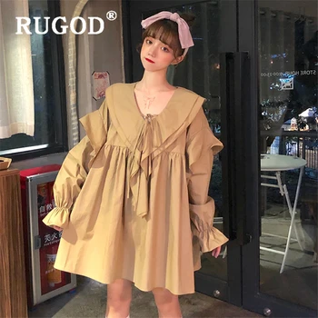RUGOD korejski elegantna ruffles ženske obleko Elegantno Flare rokav V vratu novo pomlad sweet obleke vestidos 2020 Priložnostne srajco, obleko