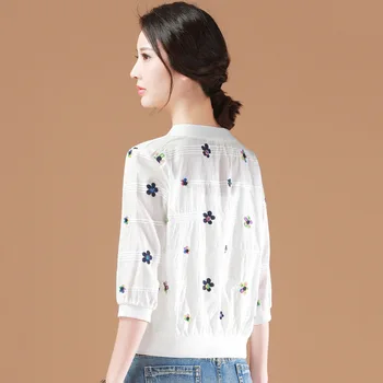 Stojalo ovratnik tričetrt rokav majice za ženske 2021 pomlad in poletje vezene ohlapno, tanko korejski majica velikost M, L, XL, XXL