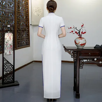 Kitajske Tradicionalne Ženske Natisnjeni Saten Cheongsam Ženski Stranka Obleko Elegantno Ženske Letnik Modre In Bele Qipao Oversize 5XL