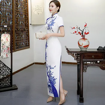 Kitajske Tradicionalne Ženske Natisnjeni Saten Cheongsam Ženski Stranka Obleko Elegantno Ženske Letnik Modre In Bele Qipao Oversize 5XL