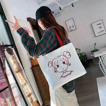Nov ženski college platno torba priložnostne risanka tiskanje velikih zmogljivosti bela totes tiskanja vrečke Lep ins Japonski korejski