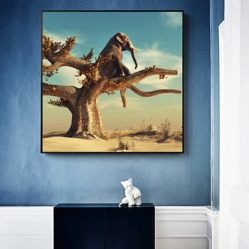 Smešno Umetnosti Slon, ki je Sedel na Drevo Sodobne Platno Stensko Slikarstvo Umetnost, Živali Slike, Nordijska Plakatov in Fotografij za Dom Dekor