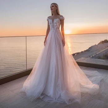 Očarljivo Til Poročne Obleke 2021 Odklon O-vratu Skp Rokavi Linijo Poročnih Oblek z Aplicirano Vestido de Novia