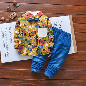Fantje Obleke Obleke, Kompleti 2018 Jesen Pomlad Jesen Otroci Oblačila Sklop gospod Otrok Cvetlični 2 kos Obleko Baby kravato tshirt + kavbojke