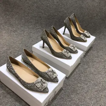 2020 novo črno konicami prstov kvadratnih sponke visoke pete stiletto eno seksi čevlji usnjeni modni brvi strokovne ženske čevlje pomlad