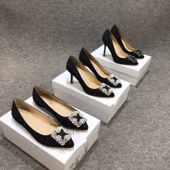 2020 novo črno konicami prstov kvadratnih sponke visoke pete stiletto eno seksi čevlji usnjeni modni brvi strokovne ženske čevlje pomlad