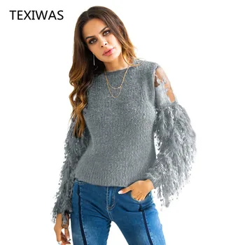TEXIWAS Moda Sequined tassel pulover ženske jeseni toplo vidika vezene pulover čipke mozaik plesti pulover puloverju