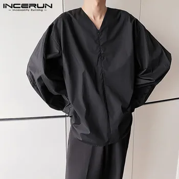 2021 Jeseni Dolg Rokav V Vratu Camisa INCERUN Moda Trdna Mens Majice Človek Priložnostne Zadrgo Srajca Svoboden korejskem Slogu Blusas 5XL7