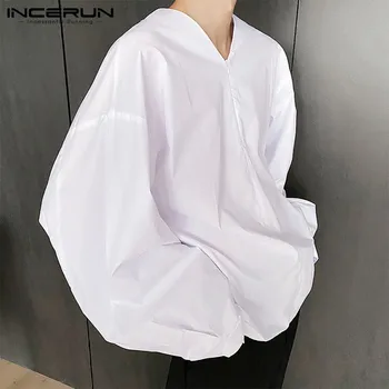 2021 Jeseni Dolg Rokav V Vratu Camisa INCERUN Moda Trdna Mens Majice Človek Priložnostne Zadrgo Srajca Svoboden korejskem Slogu Blusas 5XL7