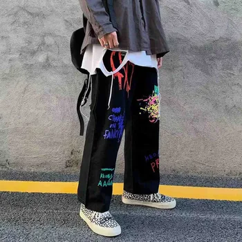 Novi Človek Priložnostne Dolge hlače za ženske korejski high street grafiti tiskanje neposredno elastični pas kombinezon Visoko Pasu Hlače