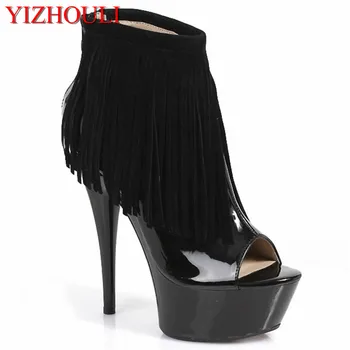 Jeseni seksi ženske čevlje črne japanned usnje open toe čevlji 15 cm ultra visokih petah 6 inch black bonitete gleženj škornji