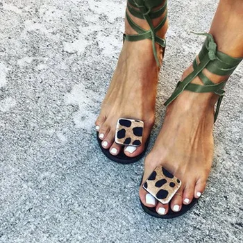 Poletje Trak Sandali Ženske Stanovanj Open Toe Leopard Priložnostne Čevlji Rimu Plus Velikost 35-43