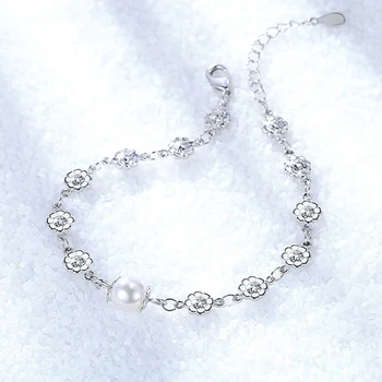 NewFashion Pearl Zapestnica Silver925 Nakit Cvet Obliko Pribor Zapestnice za Ženske, Poroke, Posla Luksuzni Nakit Stranka