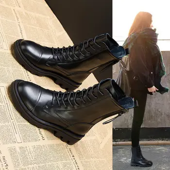 2020 Zimski Čevlji Womens Oblikovalec Ravno z gumijastimi Podplati Britanski Martin Čevlji Plus Žamet Čipke-Up Nazaj Zadrgo Usnjeni Čevlji