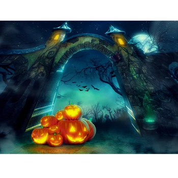 Happy Halloween Foto Studio Stojnici Ozadju Črna Noč Luna Grozno Grad Drevo Bučna Kulise za Fotografijo