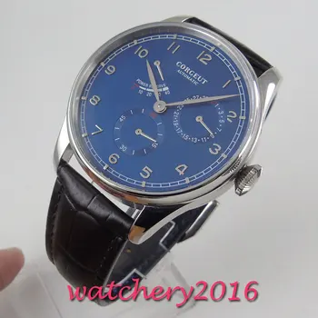 42mm Corgeut modra številčnica Rezerve Moči datum usnje morje-galeb 1780 avtomatsko gibanje mens watch