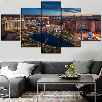 5 Plošči Geografija Las Vegas Ponoči Nebotičnik Platno HD Natisnjeni Slikarstvo Wall Art Domu Dekorativni Dnevna Soba Modularni Sliko