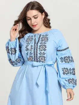 Plus Velikost Ženske, Ohlapno Obleko Maxi Muslimanskih Vezenje Puff Rokav Tam Kaftan Abaya Haljo Obleke Jeseni Obleko Islamska Oblačila 2019 Moda