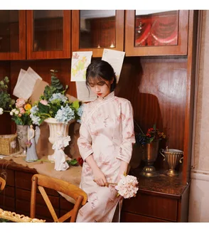 Novo Pomlad prvotni načrt Kitajski slog cvet natisniti velike velikosti dolgo-oddelek retro izboljšano cheongsam obleko za ženske