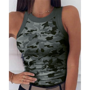 2020 Poletje Ženske Tiskanja Top Moda za Ženske Priložnostne Vojske Camo Prikrivanje Tank brez Rokavov O-vratu Slim Telovnik T-Majice Plus Velikost S-2XL