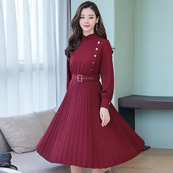 Ženske Obleke 2019 Pomlad Moda Poln Rokav Naguban Plašč Rouge Longue Casual Chic Urad Dama Črno Obleko Jurken