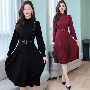 Ženske Obleke 2019 Pomlad Moda Poln Rokav Naguban Plašč Rouge Longue Casual Chic Urad Dama Črno Obleko Jurken