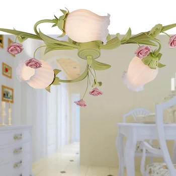 Evropski slog vrt, dnevna soba Romantično Restavracije bela kovanega železa roza keramični cvetje stekla lampshade Stropne Svetilke c125