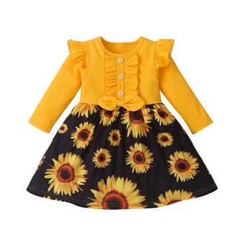 Jeseni Baby Dekle Moda Dolgo sleeved Priložnostne Obleko okoli Vratu Sončnično Vzorec Šivanje Otroci Obleko