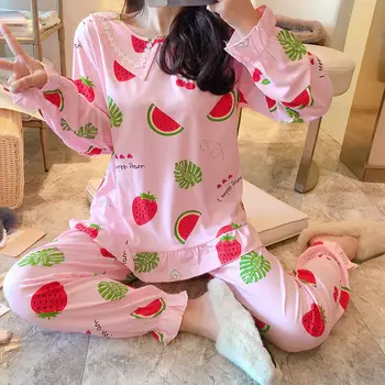 Pajama Določa Žensk Pomlad Jesen Dolge Rokave Gleženj-dolžina Hlače Natisnjeni O-vratu korejskem Slogu Cute Sweet Udobno Fit Sleepwear