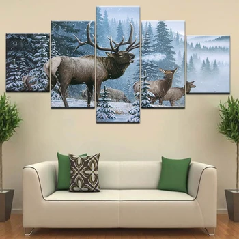 Wall Art Elk Platno Slikarstvo Okvir HD Natisne 5 Kosov področju Gozdnih zasnežene pokrajine Živali Deers Plakat Dnevni Sobi Doma Dekor Sliko