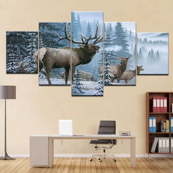 Wall Art Elk Platno Slikarstvo Okvir HD Natisne 5 Kosov področju Gozdnih zasnežene pokrajine Živali Deers Plakat Dnevni Sobi Doma Dekor Sliko